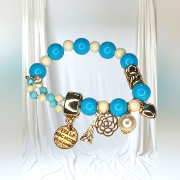 Beaded Stretch Bracelet with Charms Blue - Picture 1 of 6